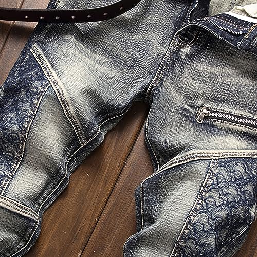 Jeans zippés Patch pour hommes : pantalon denim skinny imprimé de style motard - 2