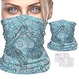 Cleanbreath Reusable Neck Gaiter with Filter Insert, Fashionable Cooling Face Covering Bandanas with Adjustable Snaps （Mint Flower）