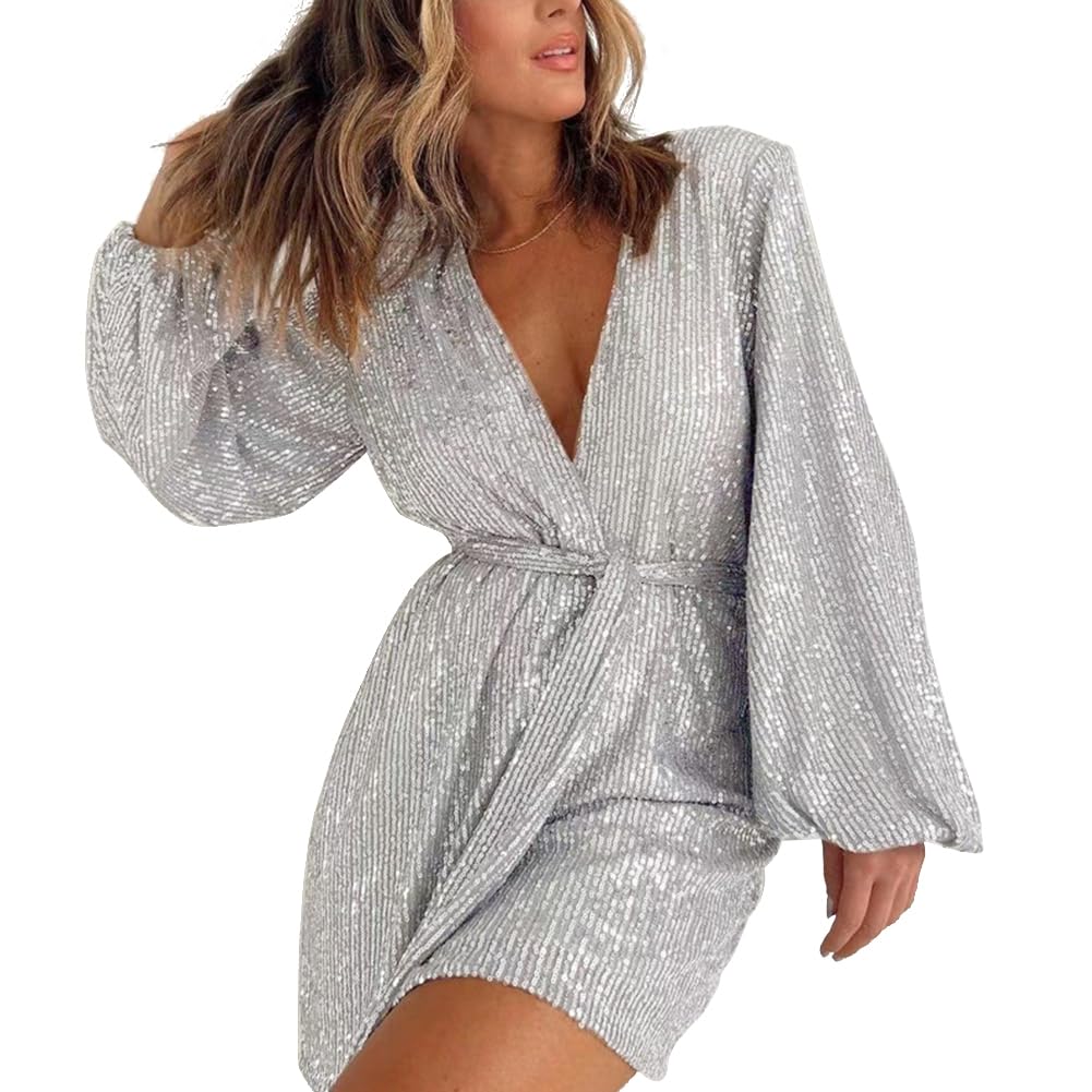 IDOPIP Women V Neck Sparkly Sequin Romper Club Party Long Sleeve Shorts Jumpsuit Glitters Ruffle One Piece Shinny Outfit