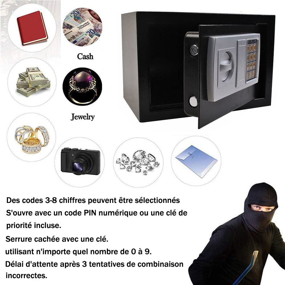 8,5L Coffre Fort Mural, Meubles Coffre-fort avec Serrure à Combinaison et 2 Clés d'urgence, Deux Boulon de Verrouillage, Pour Protéger Argent, Document, Bijoux, Noir-31x20x20cm