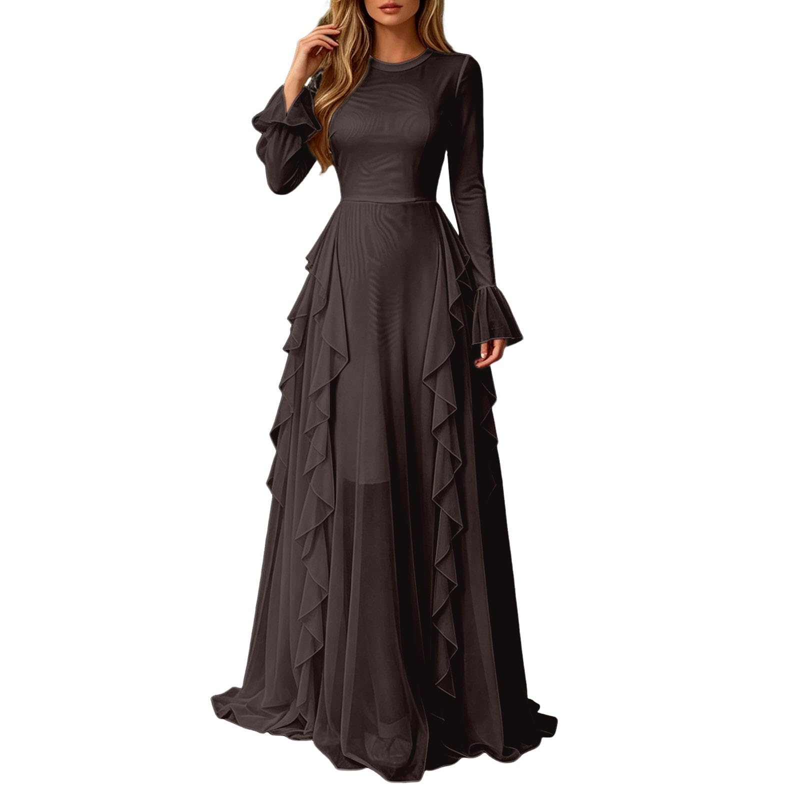 Generisch Robe longue élégante pour femme avec volants, manches trompette et col montant, vintage, col rond, en velours côtelé, robe de soirée, robe de mariée avec ceinture, élégante robe de cocktail