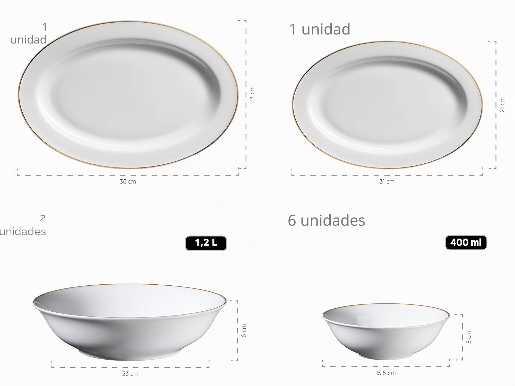MÄSER 931735 Serie Professional Dining - Juego de cuencos para cereales, hueveras, cuencos, azucareros, leche, cuencos para salsas y platos para servir, 24 piezas, color blanco con borde dorado,
