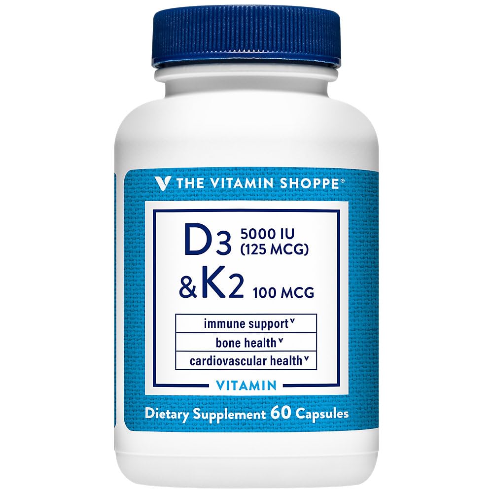 The Vitamin Shoppe Vitamin D3 & K2 MK7 Supplement, 5000 IU, 60 Capsules