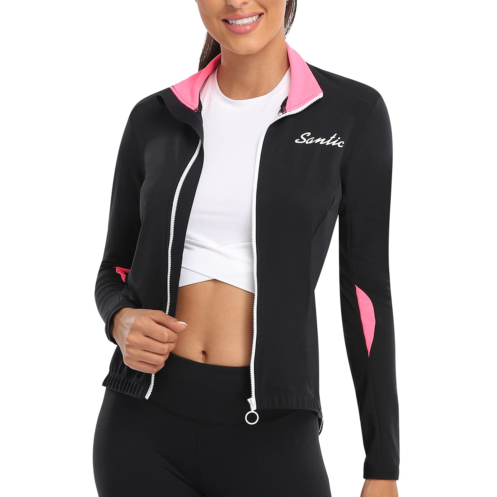 Santic Chaquetas Ciclismo Mujer Chaquetas Running Polar Invierno Manga Larga Cortavientos Maillots Jersey Térmico Negro Rosa