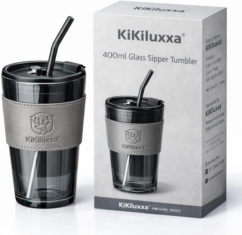 Glass Travel Sipper Tumbler Mug with Straw and Lid - 400ml-Pack of 1 - Tea and Coffee Fruit Juice Milk Cup with Straw (Knees)