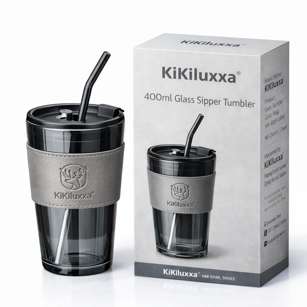 KiKiluxxa Glass Travel Sipper Tumbler Mug with Straw and Lid - 400ml-Pack of 1 - Tea and Coffee Fruit Juice Milk Cup with Straw- Leaghter Cup for Office and Cafe (Knees)
