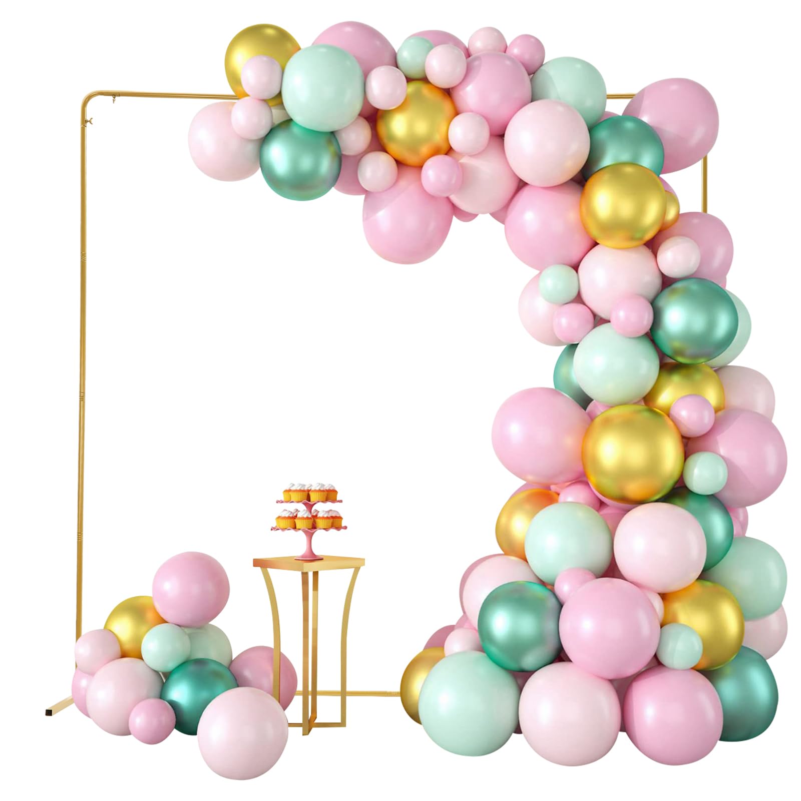 OUKANING Traubogen Hochzeit 2mx2m, Hochtemperatur-Einbrennlackierung, Eisen Hochzeitsbogen Eckig, Ballonbogen Gestell Mit Fuß Und Flügelmuttern (Gold Stand+weiß Abdeckung)