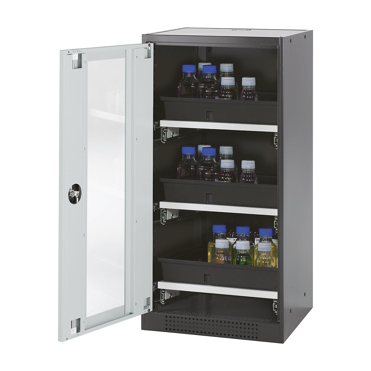 asecos | Armoire de Laboratoire pour Produits Chimiques | 1 Porte | mi-Hauteur | 3 tablettes coulissantes | avec vitre | Gris