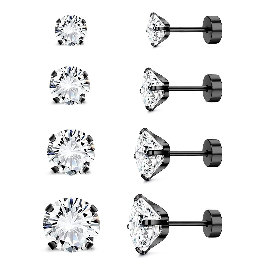 PLABBDPL Pendientes para hombre y mujer con circonita cúbica,4 pares de pendientes de botón de acero de titanio hipoalergénico para mujer Juego de joyas para hombre y niña, 2/3/4/5 mm