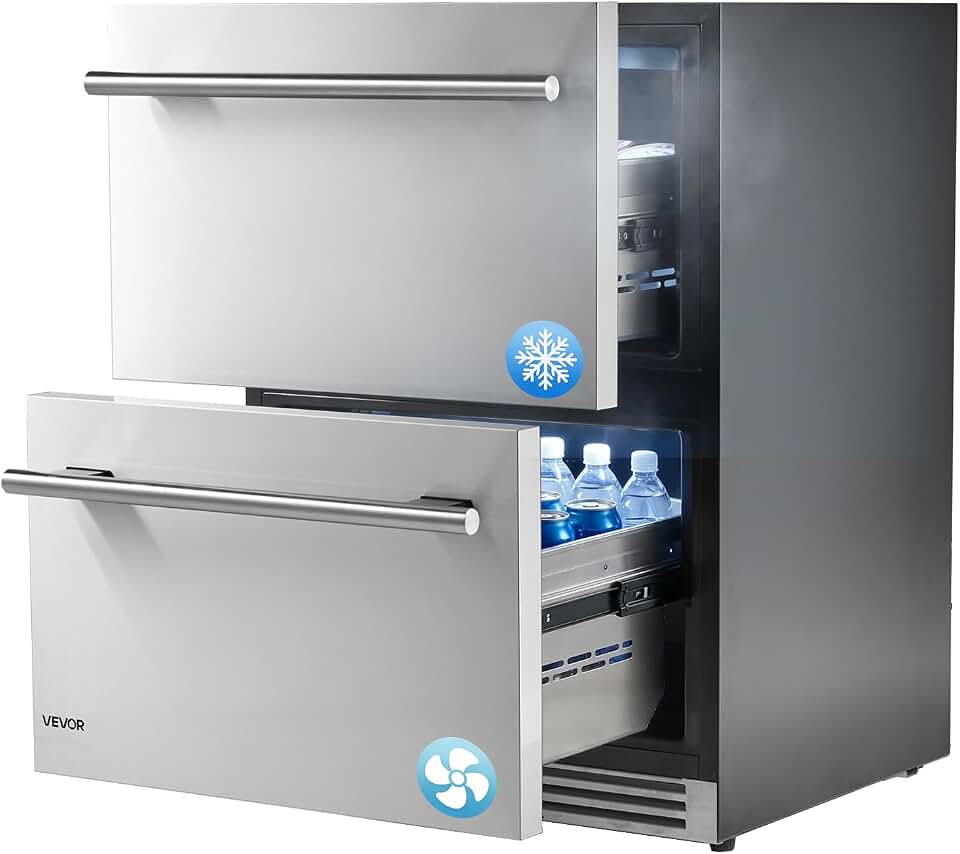 VEVOR Drawer Refrigerator with Freezer, 24 in Undercounter Fridge Freezer Combo, Beverage Cooler with 304 Stainless Steel Drawers, Freezing Section for Frozen Food, for Kitchen, Home Bar and Game Room