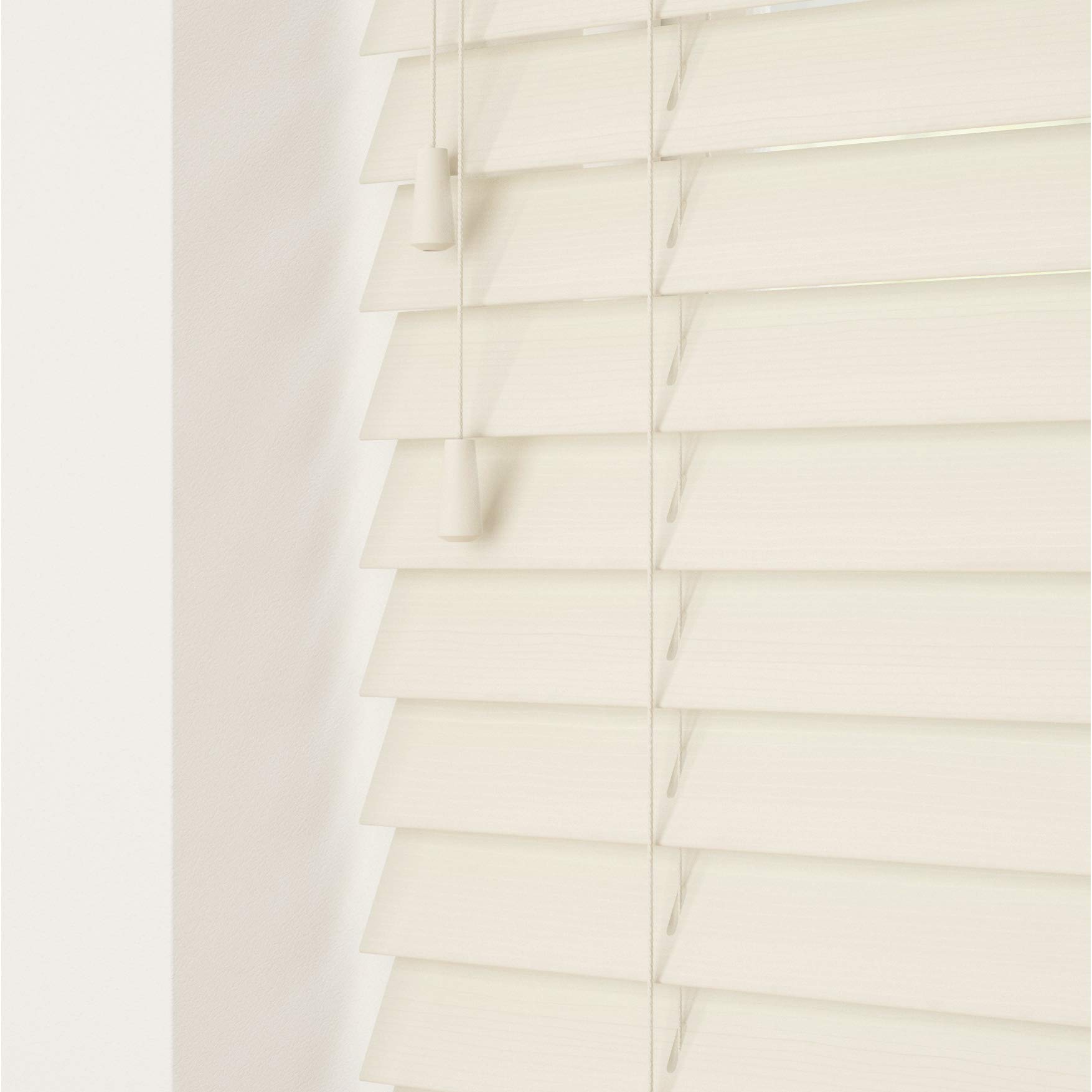 New Edge Blinds Misty White 50Mm Faux Wood Venetian Blinds Fine Grained With Strings 120Cm Drop 130Cm Wide