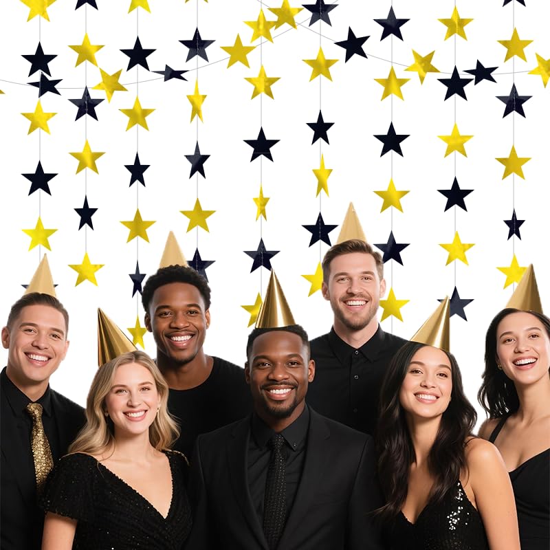 Image of Black and Gold Shining Star Hanging Garland Black Gold Hanging Sparkling Star Streamer Glitter Bunting Banner Twinkle Backdrop for Wedding Baby Shower Birthday Decorations 40 Feet