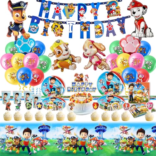 WW yumcute 105Pcs Dog Supplies Set+Party Ballons Party Tableware Set Reusable Birthday Party Paper Plates Cups Napkins and Tablecloth Sets Kids Dog Decorations for 20 Guests