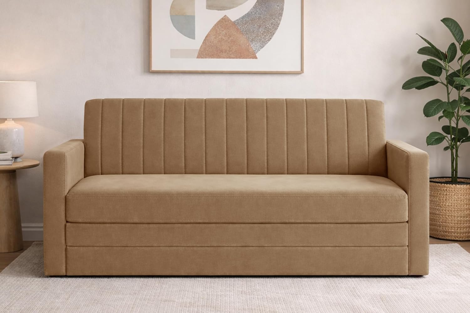 Deco Studio Sofa-Cum-Bed | Three Seater Foldable Sofa Bed Couch with Armrest | Velvet Fabric Sofa for Living Room, Bedroom & Office- Golden Color
