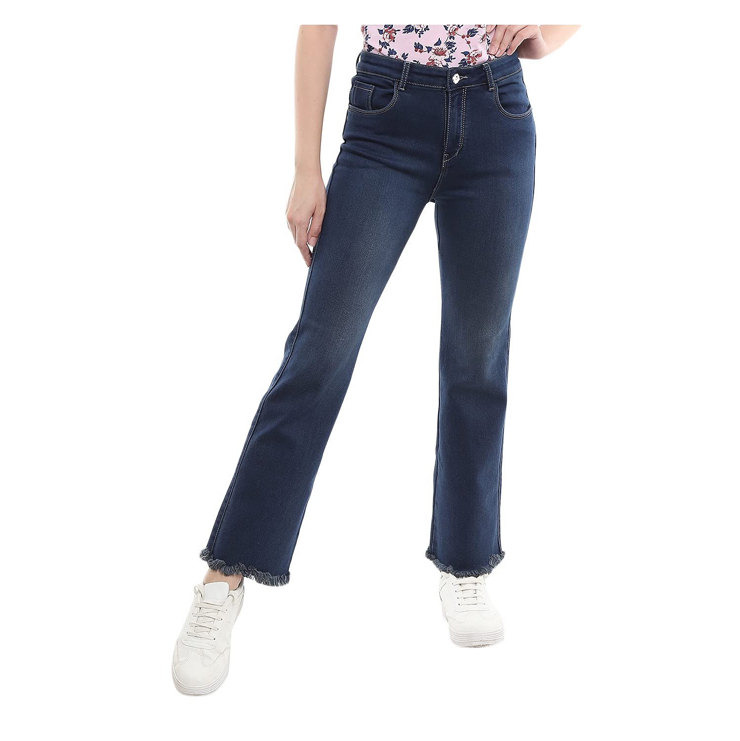V MARTWomen Solid Cotton Polyester Knitted Denim High Rise Jeans 439899, Dark Blue, 26