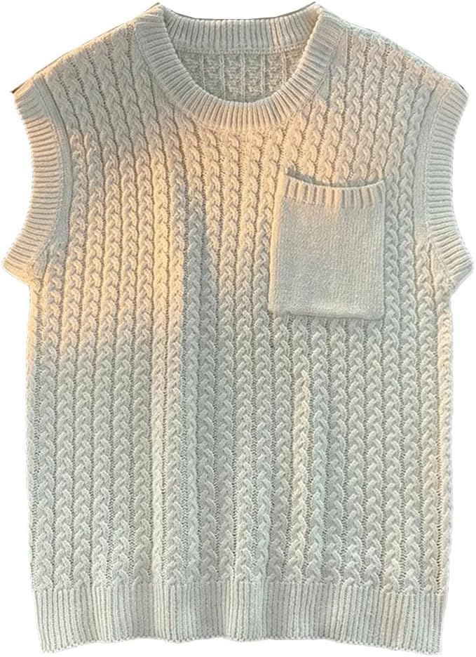 [Ornrjfll] 男性セーターベストニットウェア原宿ラウンドネックポケットストリートユニセックスプレッピー