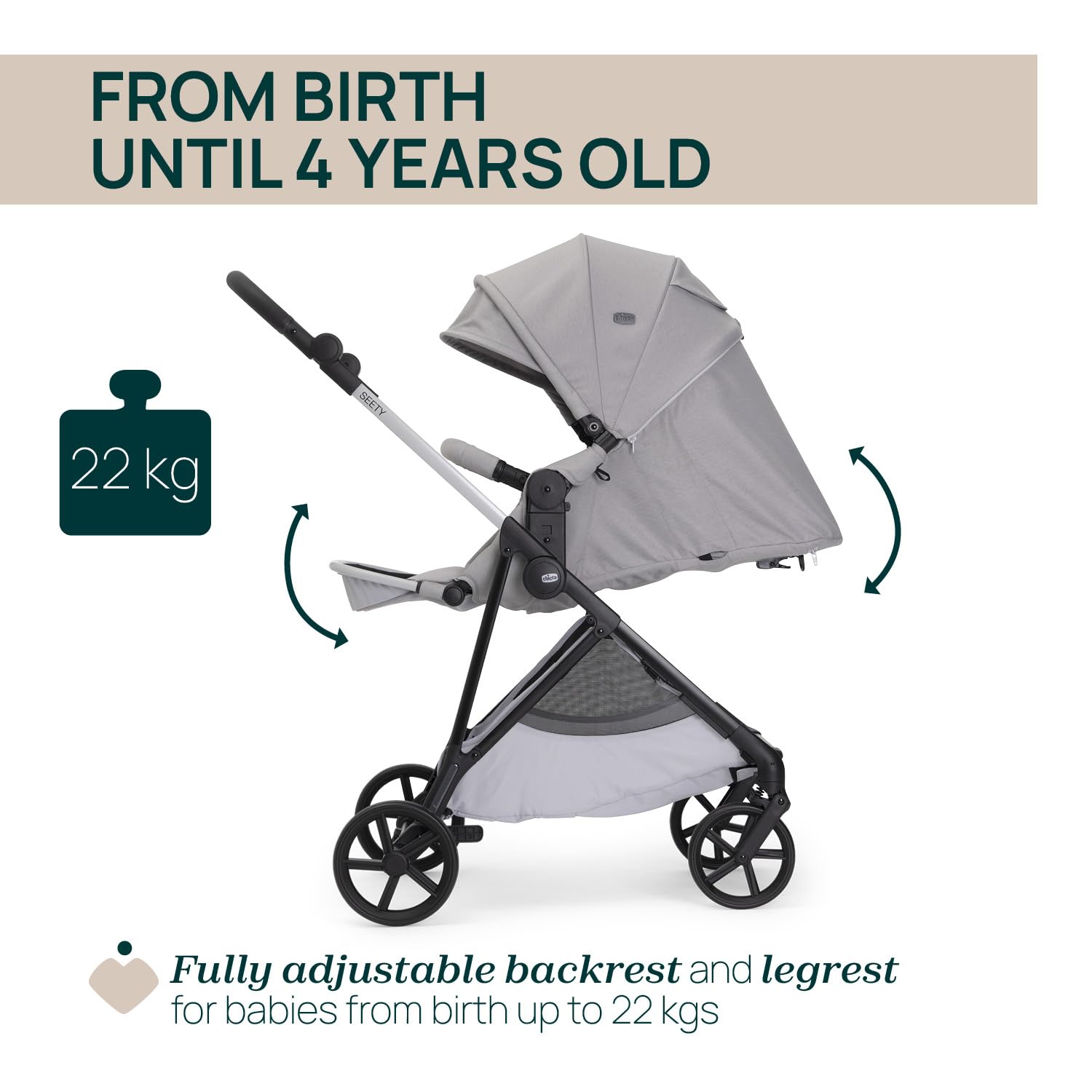 Chicco Cochecito Seety, Cochecito Ligero y Compacto De 0 Meses a 4 Años, Capacidad Máxima 22 kg, Cochecito Plegable,Respaldo Reclinable,Cierre Automático con 1 Movimiento, Capota Parasol y Cubrelluvia