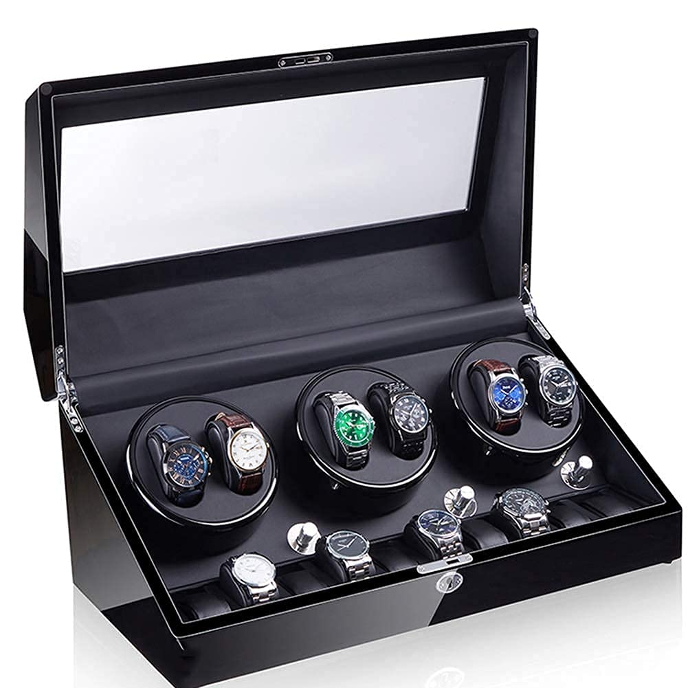 Caricatore Automatico per Orologi con 6+10 Scomparti, Custodia con Motore Silenzioso e Guscio in Legno, Alimentazione a Batteria o Tramite Adattatore CA, 5 modalità di Rotazione, e
