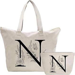 Personalizadas Bolso Tote de Mujer con Inicial, Bolsa de lona con Bolsillo Interior, Bolsa de Compras con Bolso de Cosméti...
