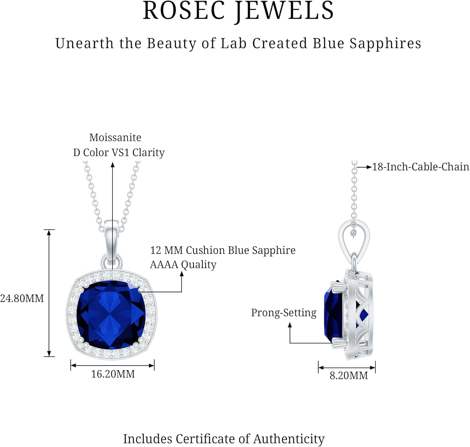 Certified 9 Carat Cushion Cut Lab Grown Gemstone Necklace With Silver Chain - Gift For Special Occasions