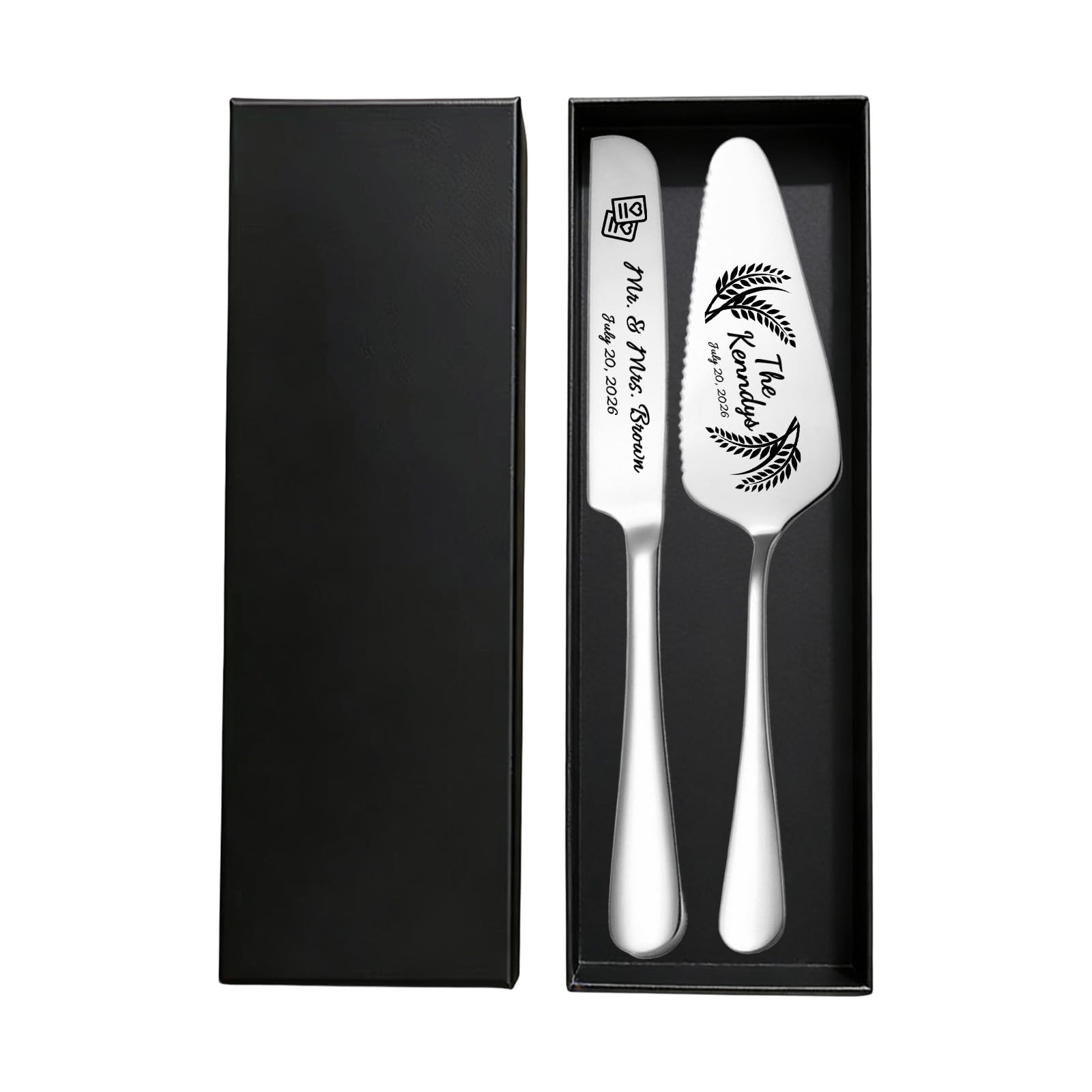 Couteau et Pelle à Gâteau de Mariage Personnalisé – Ensemble Couvert Témoin en Acier Inoxydable avec Gravure Originale – Idéal pour Anniversaire, Da (Noir)