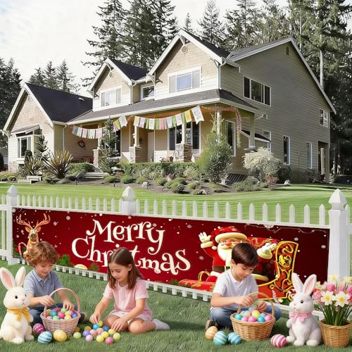 Image of Christmas Sleigh Outdoor Banner 78.7 x 17.7 Inch Santa with Reindeer on Red Background Festive Holiday Decoration for Yard Garden Fence Porch or Patio Display