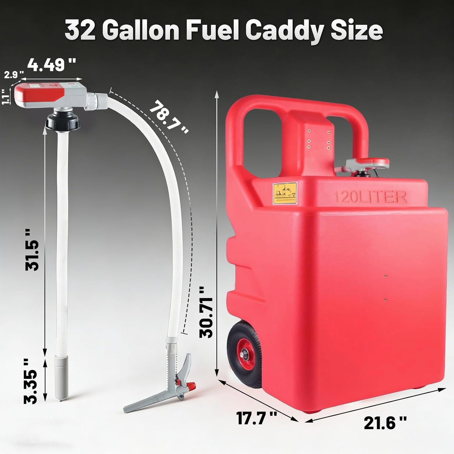 30 Gallon Fuel Caddy with 3.8 GPM Fuel Transfer Pump,Portable Fuel Tank with 6.5 ft Extra Long Hose & 5 Can Adapters,12V DC/AA Battery Powered,Suitable for Gasoline,Diesel-Red