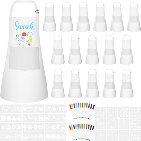 Morcheiong 6/12/24 Pack Adjustable Kid Apron Children Apron with Colored Pen and Craft Template Children Painting Apron-White