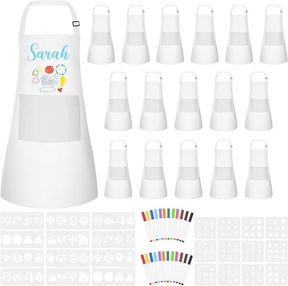 Morcheiong 6/12/24 Pack Adjustable Kid Apron Children Apron with Colored Pen and Craft Template Children Painting Apron-White