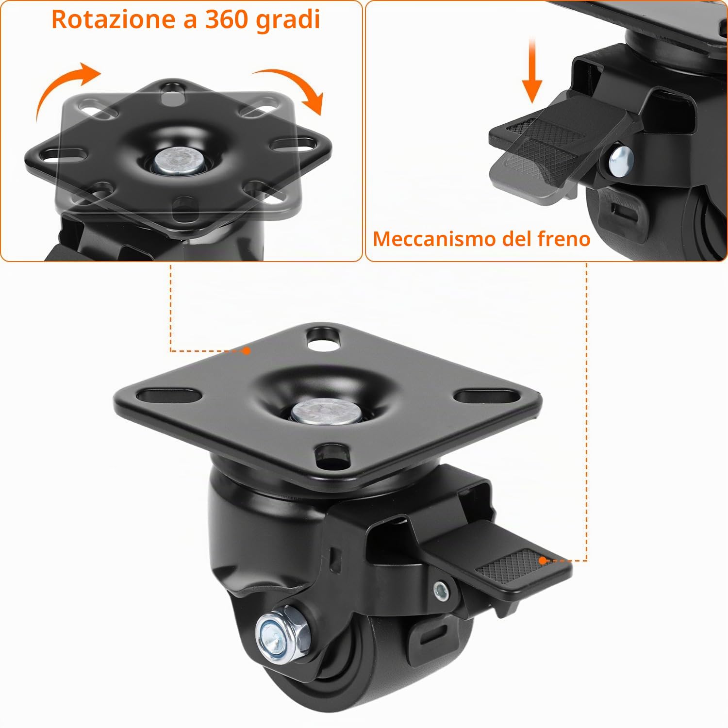 QWORK® Set di 4 Ruote Girevoli Carichi Pesanti 50mm con Freno, Capacità 500KG, Silenziosa e Antivibrazione - Rotelle per Mobili, Carrello, Workshop
