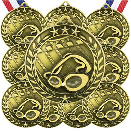 10 Pack Swimming Gold Medals Trophy Award with Neck Ribbons WAMG-970