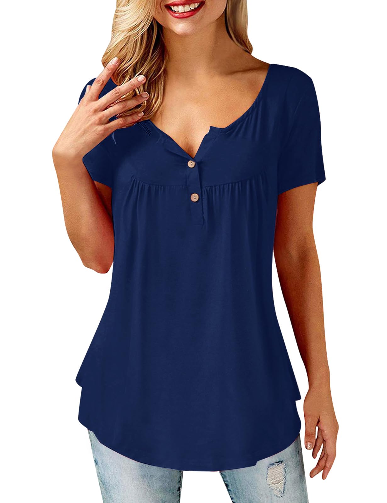 Tuopuda Magliette Donna Estive T-Shirt Ruffle Design Camicette Scollo a V Pullover Maglie a Maniche Corte/Manica Lunga Bottone Tops Traspirante Allentato Shirt Casual Camicia Manica Pieghettata Bluse