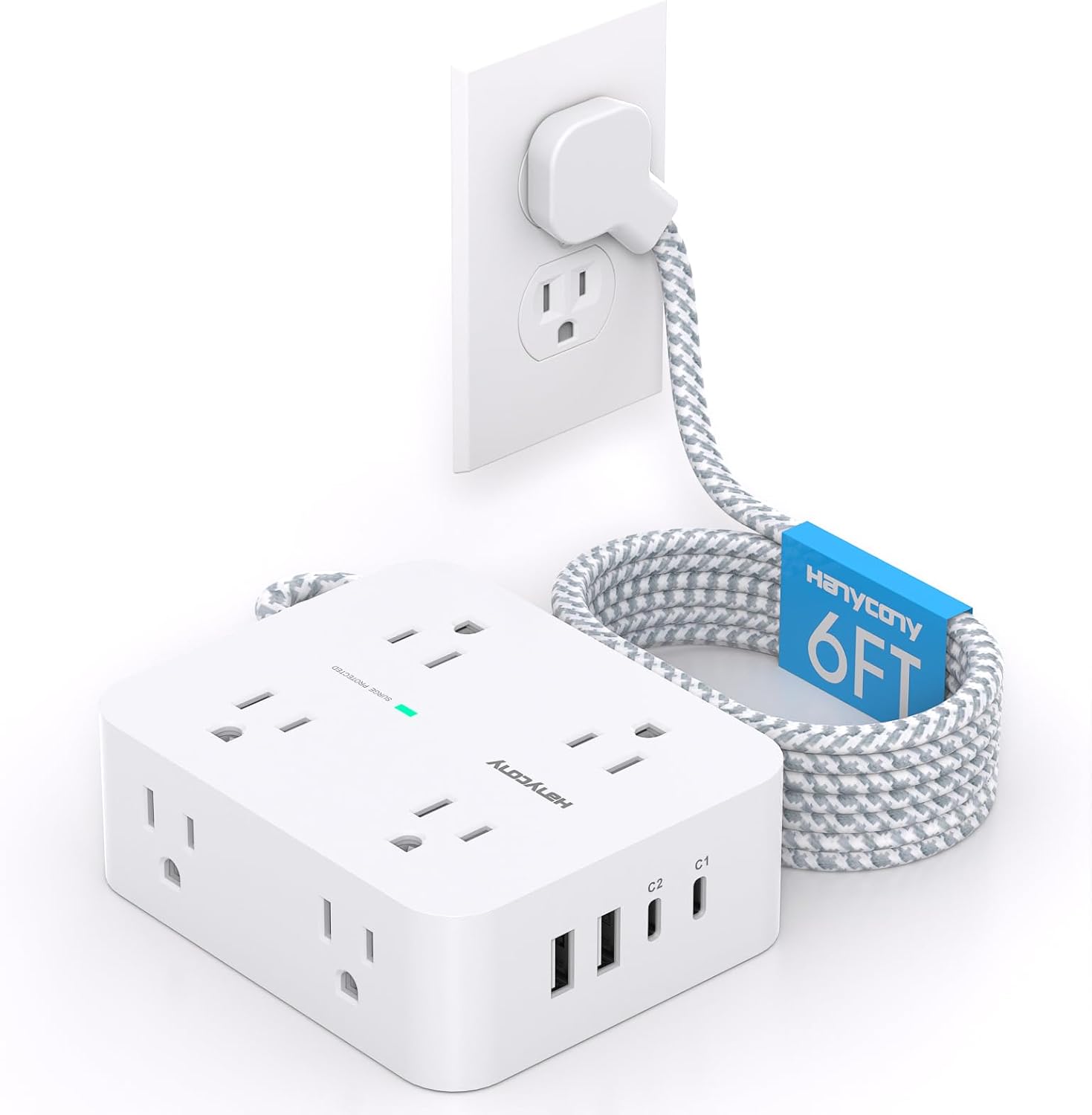 PD 30W USB C Power Strip Surge Protecor, 8 Outlets 4 USB Fast Charger (2 USB C Ports), 1080J Desk Charging Station for Multiple Devices, 6 Ft Flat Plug Extension Cord for College Dorm Room Essentials 6Ft White(PD 30W)