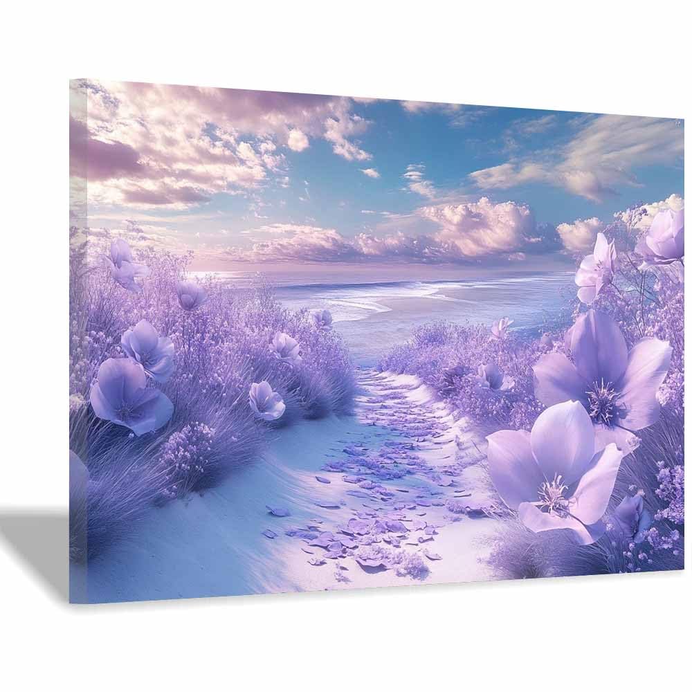 QUSAAOU LandschaftsgemäLde Auf Lavendelblüten an sandigem Strand Moderne Leinwandbilder FüRs Wohnzimmer Geeignet FüR Schlafzimmer Badezimmer Und BüRos(Violett)-80x120cm Ungerahmt