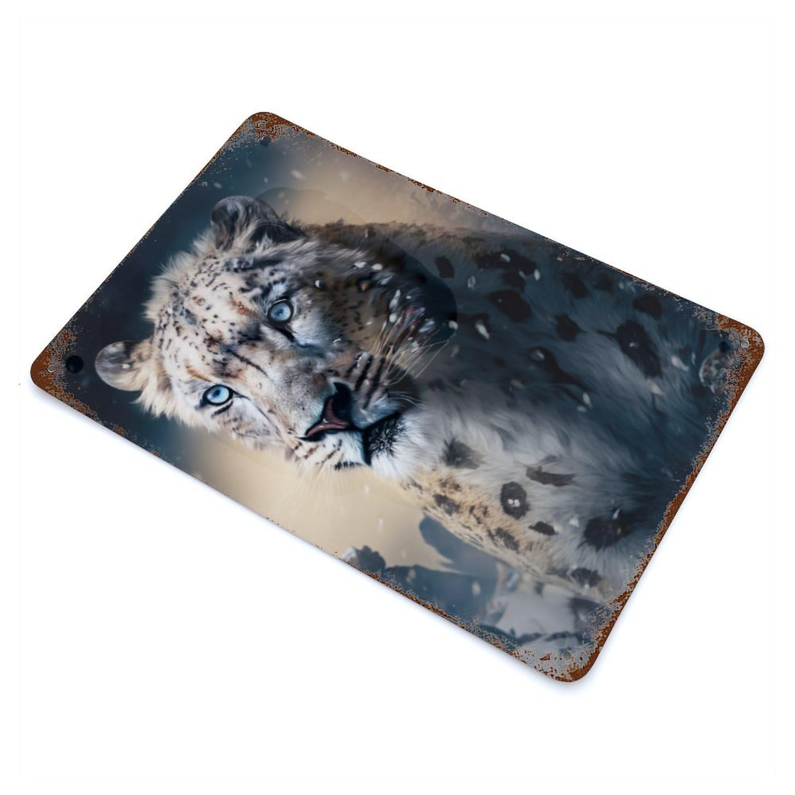 White Leopard Aged Metal Wall Plaque 11.8"x7.9", Industrial Home Decor for Pub, Kitchen And Man Cave Decor
