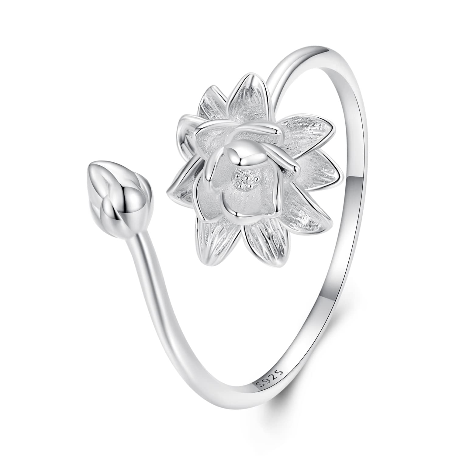 Anillo ajustable de plata de ley S925 con diseño de flor abierta para mujeres y adolescentes.