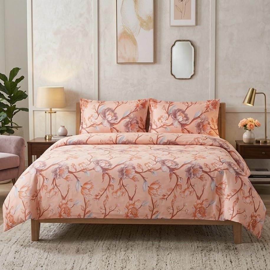 Skyla Double Bed Super King Size Bedsheet with 2 Pillow Covers|Bedsheet 108 x 108 Inch| 400 TC King Size Cotton Floral Bed Sheet Breathable|Super Soft Printed Bedsheet(Peach Vines)-image-34