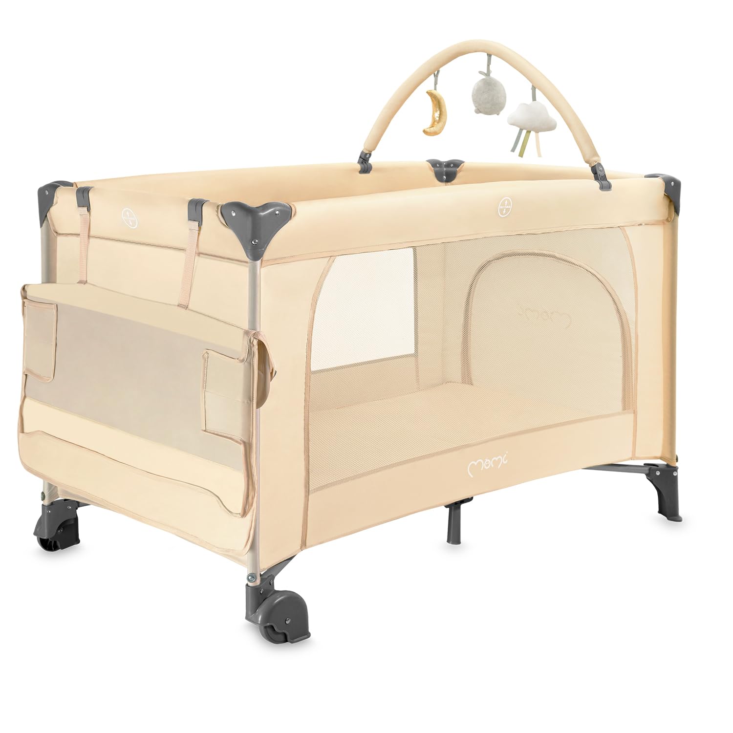 Momi BELOVE Plus 2 w 1, składane łóżeczko podróżne, 2 w 1, dla niemowląt do 9 kg i dzieci do 15 kg, z materacem, drążkiem z zabawkami, przewijakami i torbą transportową