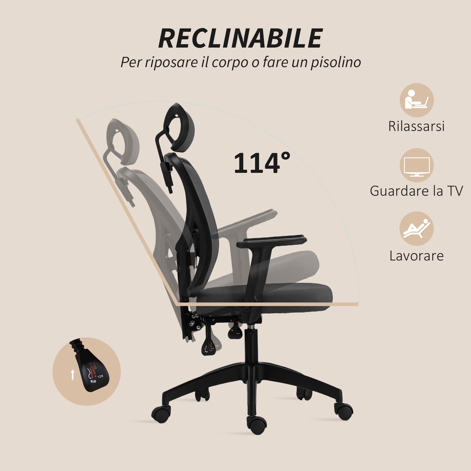 Vinsetto Sedia Ufficio Ergonomica 106-116cm Altezza Regolabile Grigio Scuro
