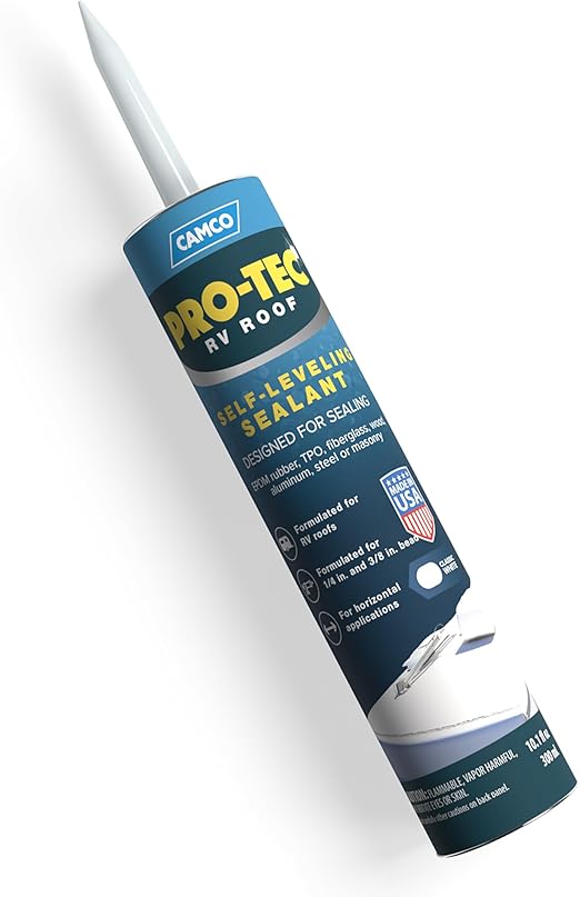 Camco Self-Leveling Camper/RV Roof Sealant - Designed to Seal EPDM Rubber, TPO, Fiberglass, Wood & More - Seal Along Roof Edges, Vent Pipes & Air Vents - 10.1 Fl Oz (41464)