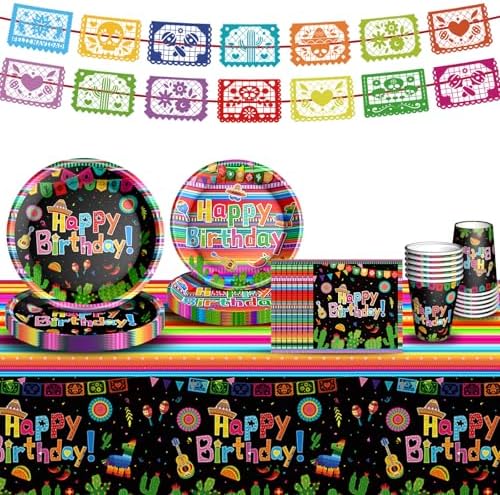 Mexican Fiesta Party Supplies Tableware Set Mexican Cinco De Mayo Themed Tableware with Paper Plates Napkins Cups Tablecloth Banner for Mexican Fiesta Party Decorations, Serves 24