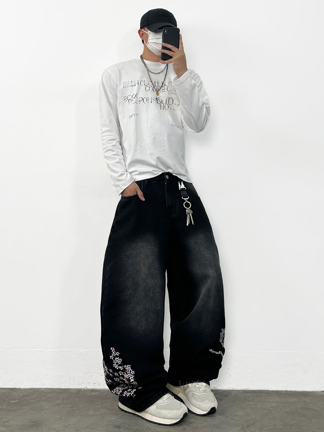 Jeans larghi da uomo con ricamo floreale, stile hip-hop, pantaloni in denim a gamba larga, streetwear