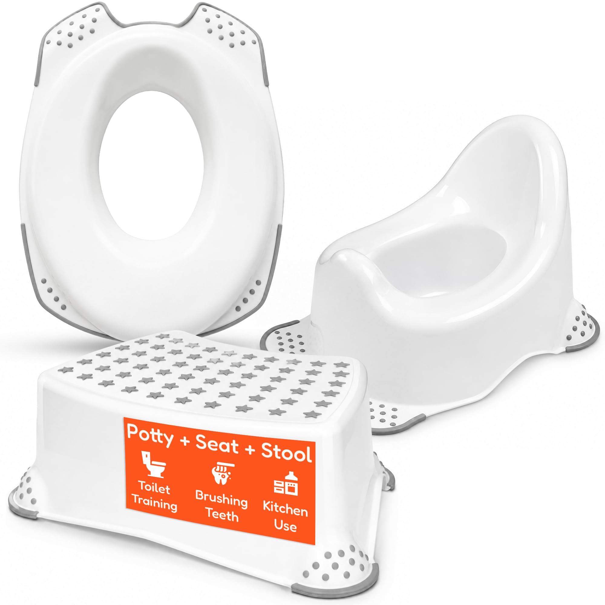 Babycurls Unisex Kids White Toilet Training Potty Set Includes Kids Non Slip Up Step Stool + Toilet Training Seat + Steady Potty