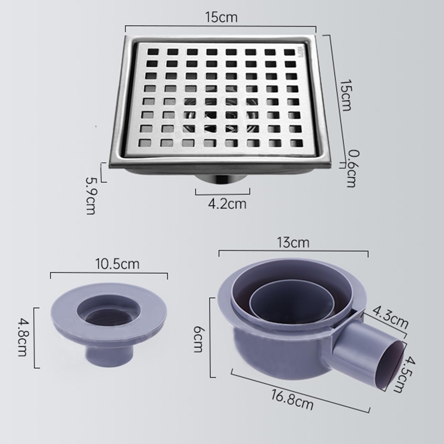 15x15 Cm canalina Per Doccia,Piletta Doccia a Pavimento,Scarico Pavimento Doccia,Con Sifone Antiodore a 360°,Filtro Antiodore e Filtro Per Capelli 2 In 1,Per Bagni,Cantine,Interni Ed Esterni