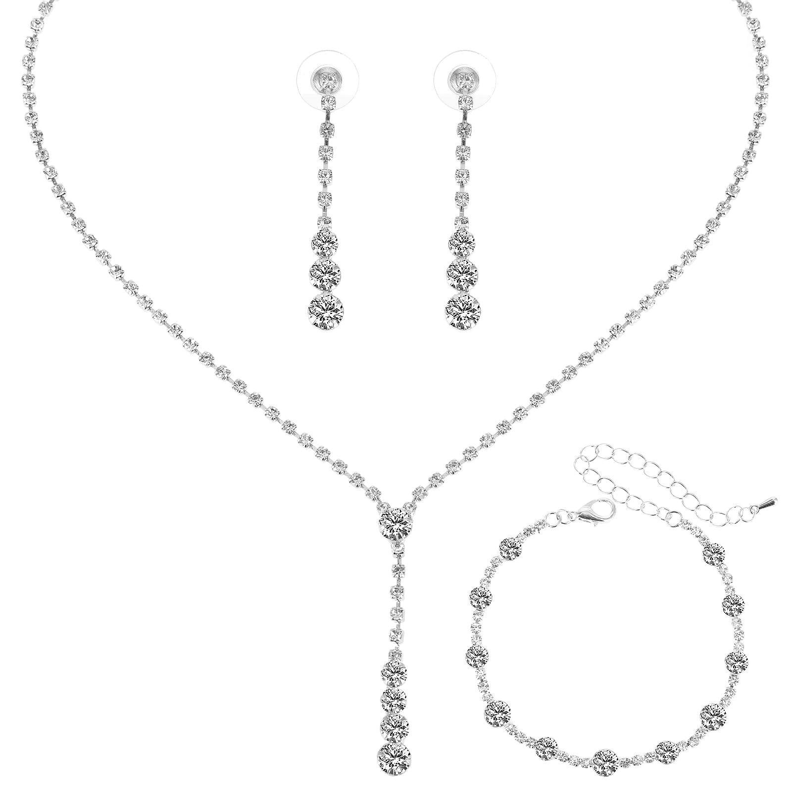 Yolev Juego de collar de novia, pulsera y aretes, juego de joyas de boda de cristal, gargantilla de diamantes de imitación para mujeres y niñas