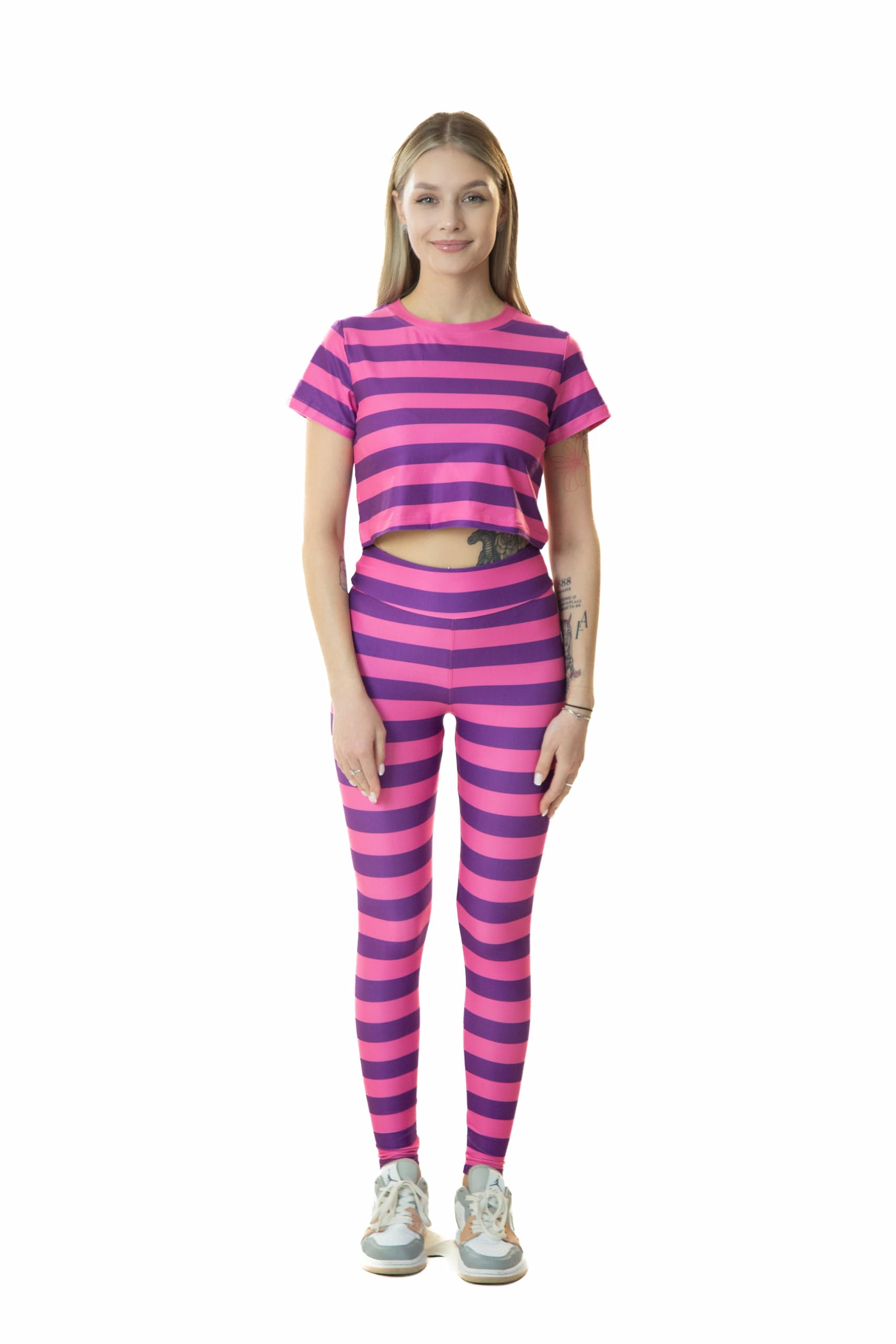 Cosplaya Womens Pink and Purple Striped Crop Top and Leggings Sexy Costume - Onesies Pajama Cosplay Halloween, Pink Purple, M