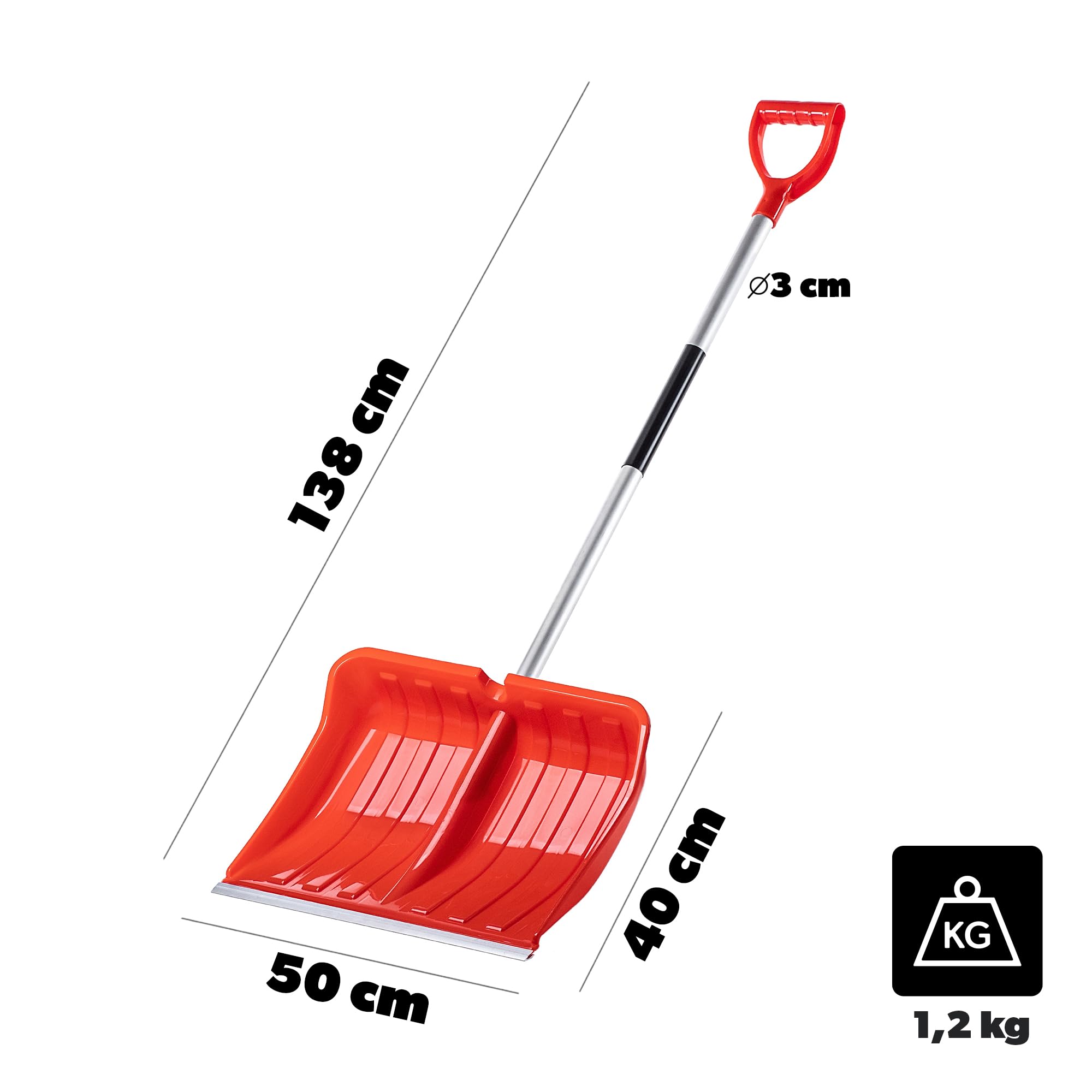 KADAX Pelle à Neige Professionnelle 50 x 138 cm - Poignée Antidérapante, Lame en Plastique et Bord en Aluminium (Orange)