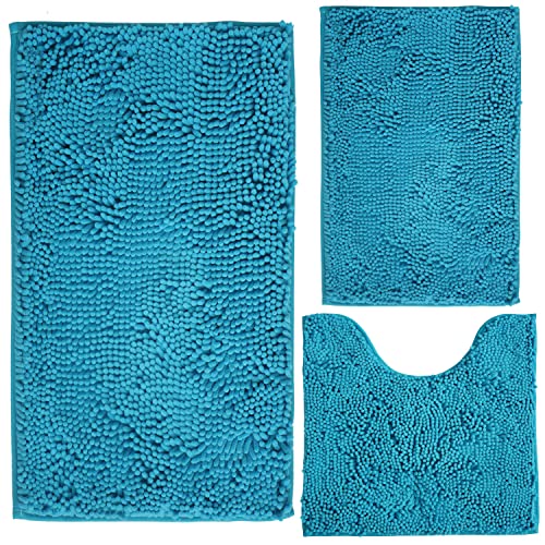 Image of Bathroom Rugs Chenille 3-Piece Extra Soft and Absorbent Shag Bathroom Rugs, Machine Wash Mat, Strong PVC Non-Slip Underside, Plush Carpet Mats (Turquoise)