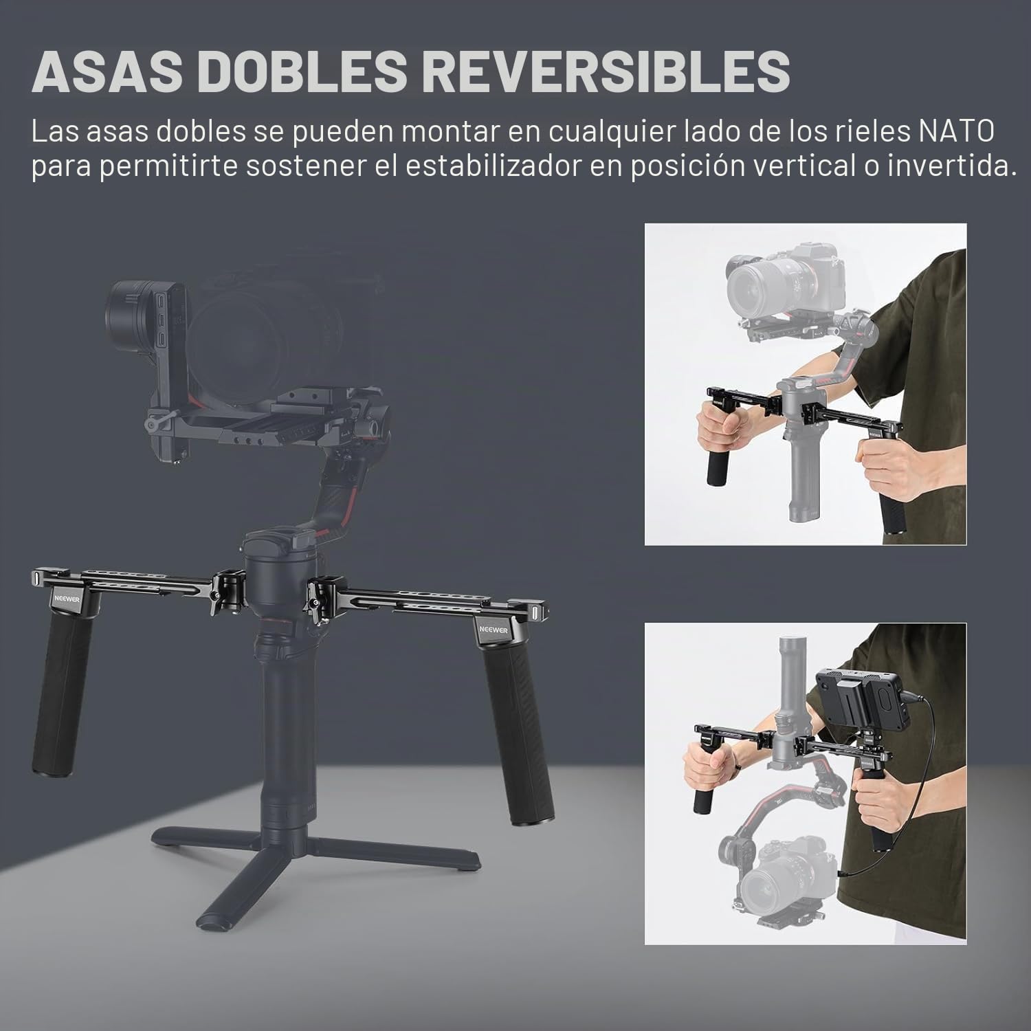 NEEWER Mango Dual Compatible con dji RS5 RS4 RS4 Pro RS3 RS3 Pro RS2 RSC2 Ronin S SC Gimbal, Kit de Handle Doble con 2 Mini NATO Rails, NATO Clamps de Liberación Rápida, Rosca de 1/4" y 3/8", GA006