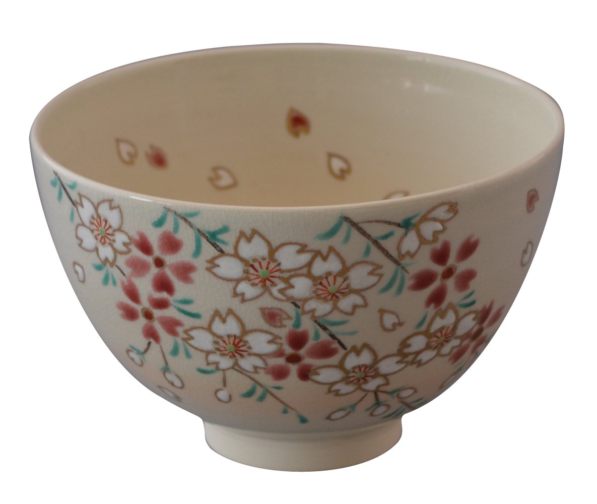 Kyoto Ware K2-5 Kiyomizu Ware Naomine Matcha Bowl, Branch Hanging Cherry Blossom